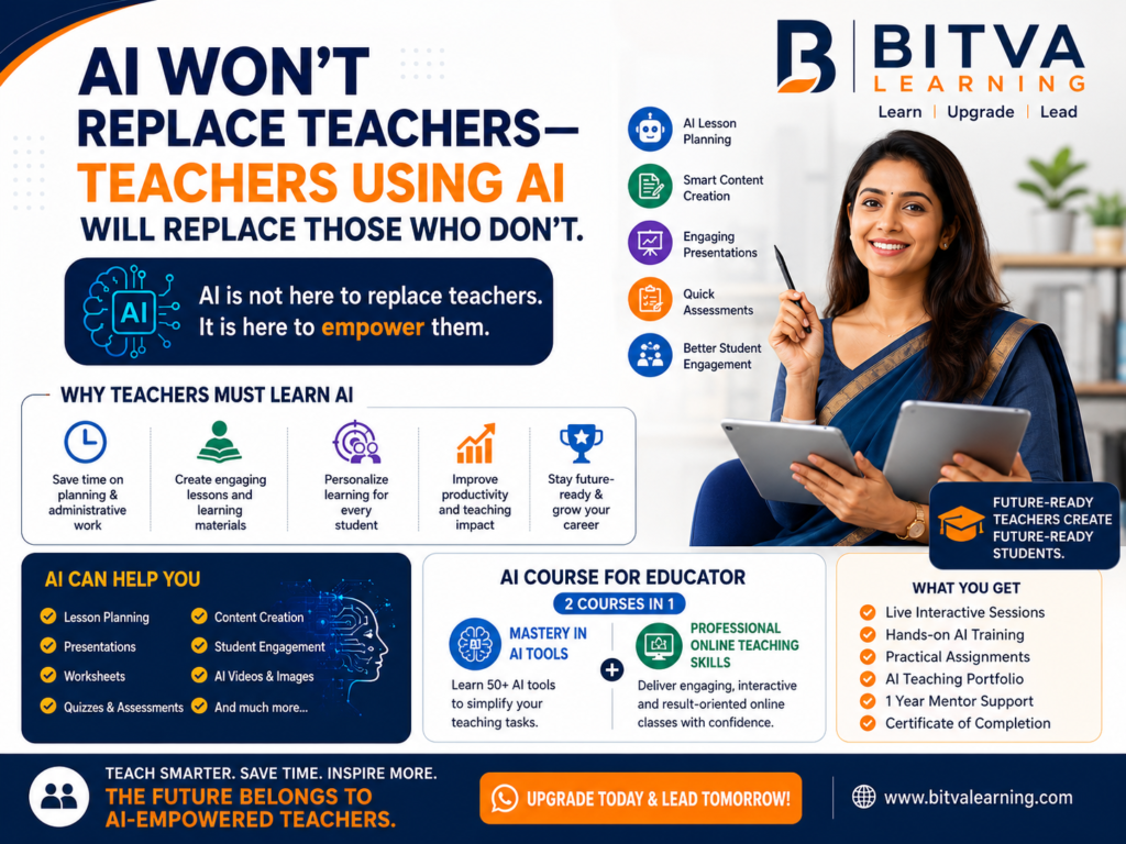 AI Course for Educators by Bitva Learning helping teachers use AI and online teaching skills to build future-ready classrooms.