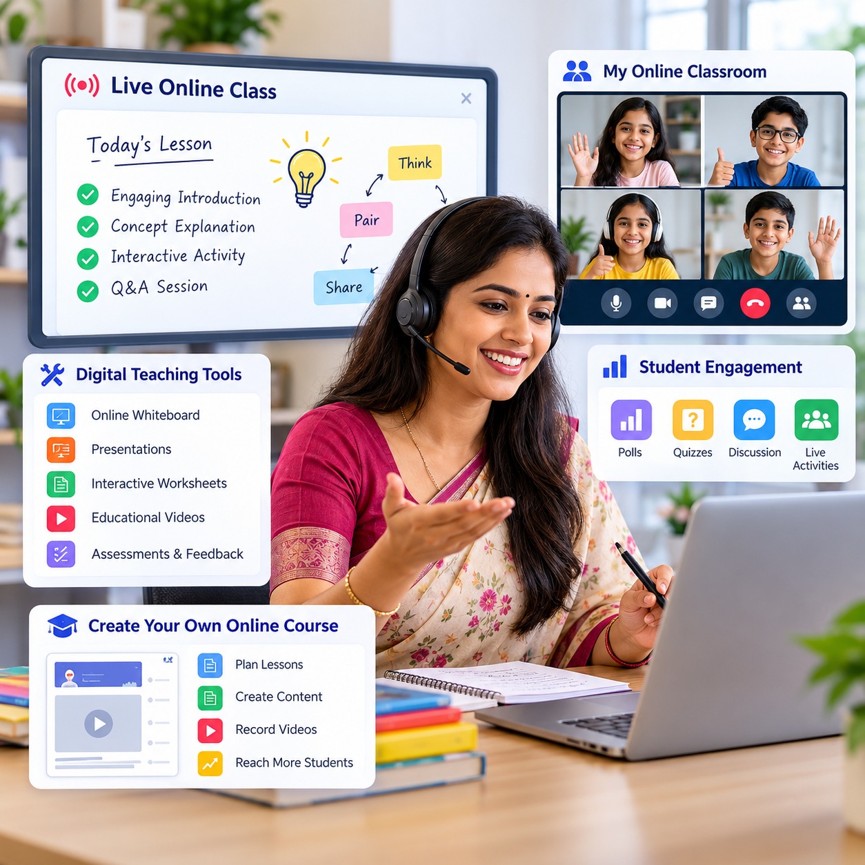 Online Teaching Course for Teachers – Indian Teacher Conducting Live Online Classes with Digital Teaching Tools