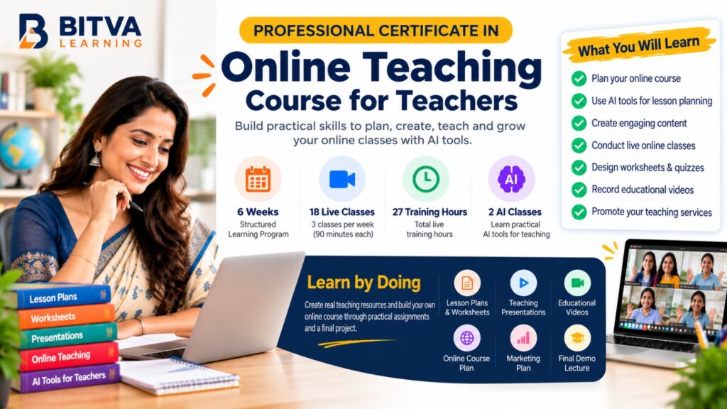 BITVA Learning Online Teaching Course for Teachers – 6-week professional certification program covering AI tools, online teaching, digital content creation and practical projects.